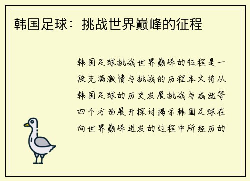 韩国足球：挑战世界巅峰的征程