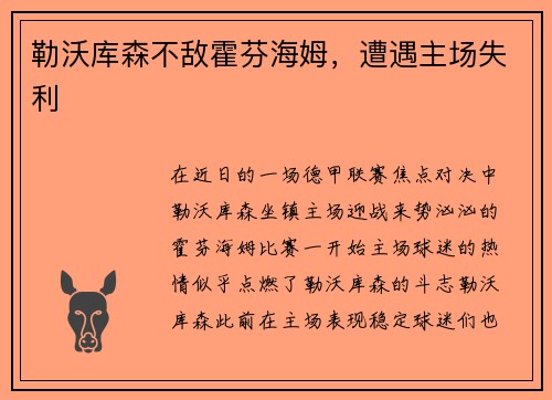 勒沃库森不敌霍芬海姆，遭遇主场失利