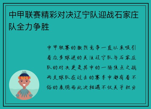 中甲联赛精彩对决辽宁队迎战石家庄队全力争胜