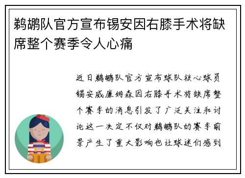 鹈鹕队官方宣布锡安因右膝手术将缺席整个赛季令人心痛