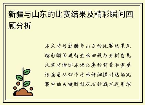 新疆与山东的比赛结果及精彩瞬间回顾分析