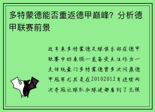 多特蒙德能否重返德甲巅峰？分析德甲联赛前景
