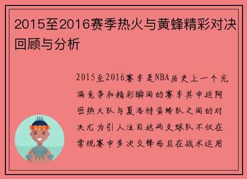 2015至2016赛季热火与黄蜂精彩对决回顾与分析