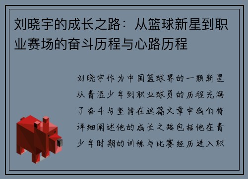 刘晓宇的成长之路：从篮球新星到职业赛场的奋斗历程与心路历程