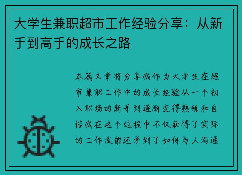 大学生兼职超市工作经验分享：从新手到高手的成长之路