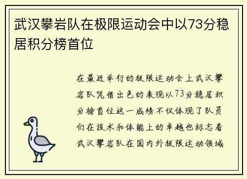 武汉攀岩队在极限运动会中以73分稳居积分榜首位
